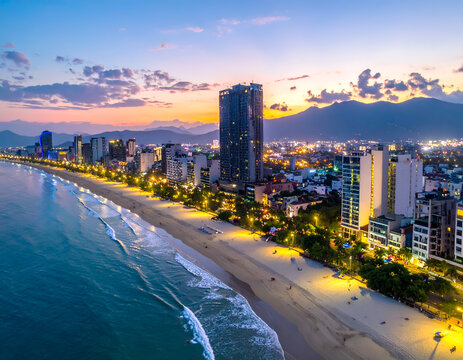 Stunning Aerial View of Da Nang City Beachfront at Dusk.