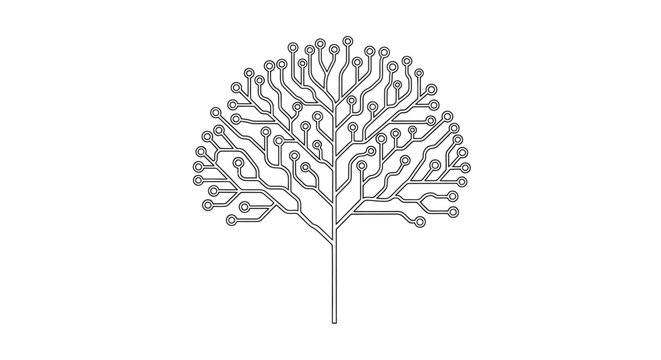 Abstract digital circuit tree icon representing technology growth on a white background.