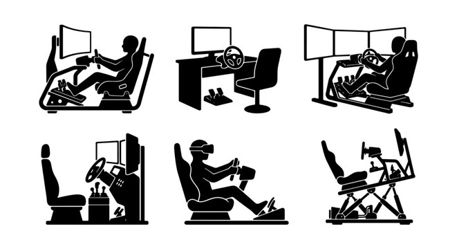 Racing Simulator Setups, Gaming Cockpits, VR Driving Rigs, Computer Game Stations, Vector Icons