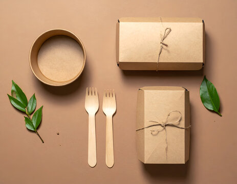 Eco-friendly disposable food packaging and utensils on a brown background.