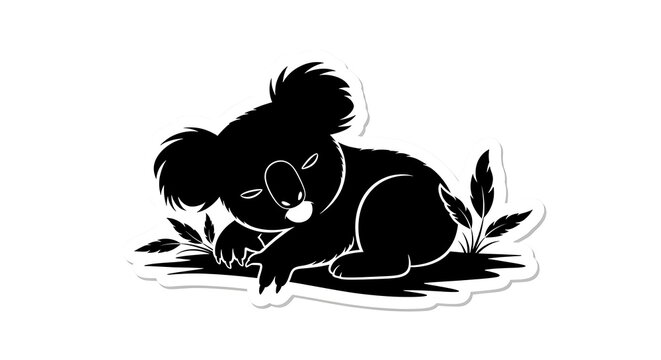 Cute Sleeping Koala Silhouette Illustration, Minimal Black Animal Sticker Design with Australian Wildlife Theme