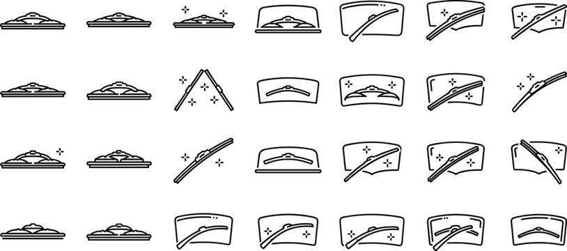 windshield wiper vector outline icon set featuring car glass cleaning wipers rain washers and auto maintenance symbols