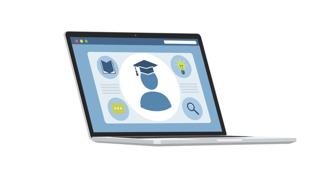 A laptop displays an educational interface with icons on screen indoors.