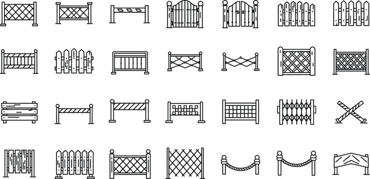 wooden fence and steel gate vector outline icon set featuring barricades railings barriers and security border elements