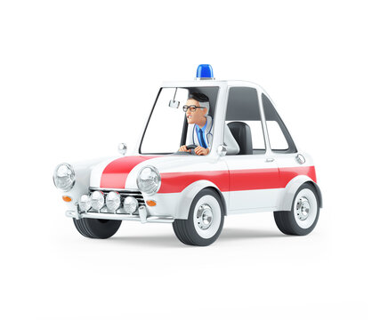 3d cartoon doctor driving emergency car
