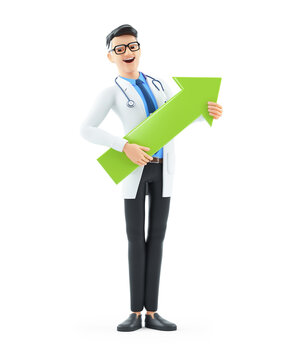 3d cartoon doctor holding green arrow up