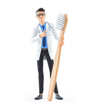 3d cartoon doctor pointing at toothbrush