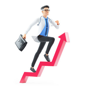 3d cartoon doctor with briefcase running on growing arrow
