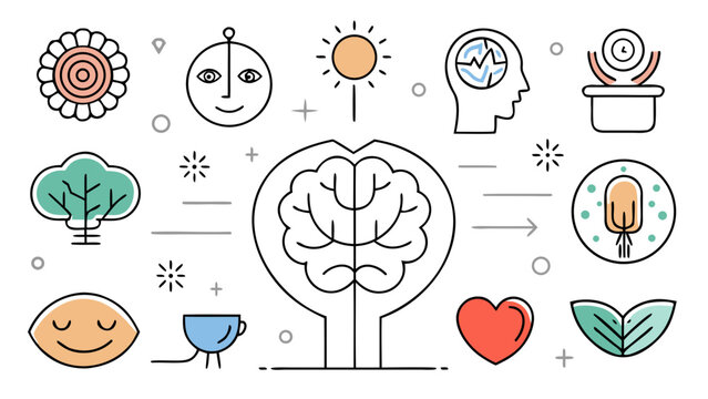 Mental health doodle illustration showing brain function psychology and wellness concepts