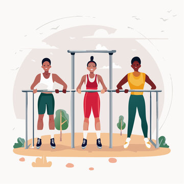 Three women exercising on parallel bars outdoors