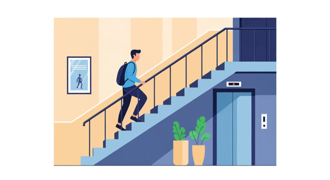 Flat vector illustration of a man wearing a backpack walking up a staircase inside a modern building lobby next to an elevator door with potted indoor plants and wall art.