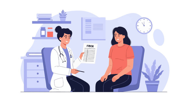 Professional female nutritionist in white coat holding fiber intake chart and discussing dietary plans with female patient in a medical office or consultation room illustration.