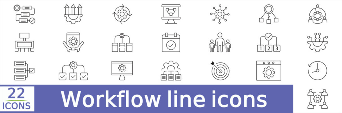 Workflow line icons set. Contain related icons networking, progress, scheme, and more. Audit, processing, operation line icons. Vector.illustration