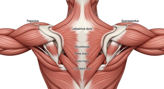 Human back muscles anatomy illustration.