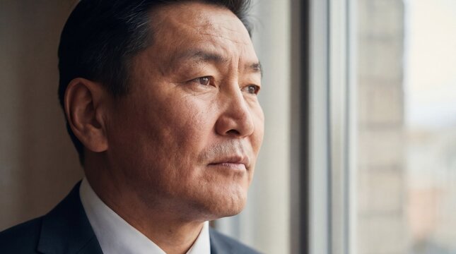 Man in a suit looking out a window, deep in thought