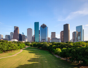 Fototapeta premium A vibrant cityscape of Houston, Texas, is framed by lush greenery and a clear blue sky, showcasing the city's modern architecture and expansive parkland.