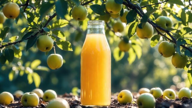 Freshly pressed apple juice bottle amidst a grove of ripe apples.