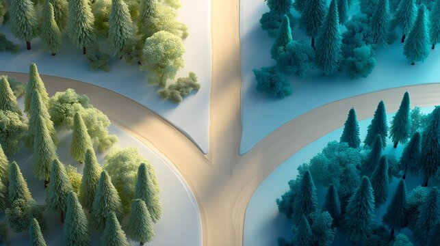 Conceptual background: Dirt road splitting in two between sunlit green trees and blue trees