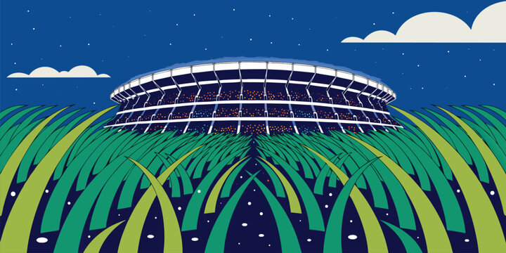 Stylized low angle illustration of a large stadium through oversized grass blades under a starry night