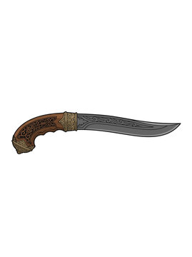 Vector illustration of traditional Badik dagger from South Sulawesi featuring curved blade, wooden handle, and ethnic Bugis ornament details in clean flat vector style.