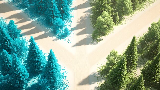 Conceptual background: Bright dirt road splitting in two between blue and green forests