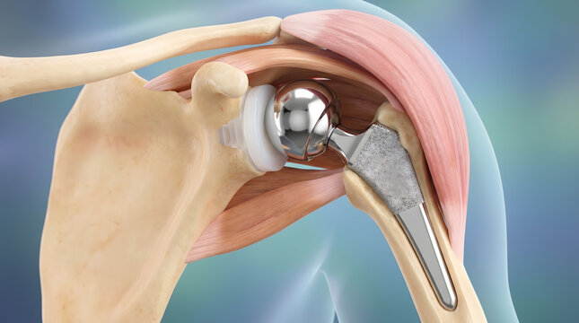 3D shoulder joint replacement implant with metal ball socket prosthesis bone anatomy
