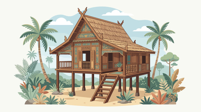 Vector illustration of traditional Bugis stilt house featuring elevated wooden architecture, tropical vegetation, and authentic Indonesian cultural design in clean flat vector style.