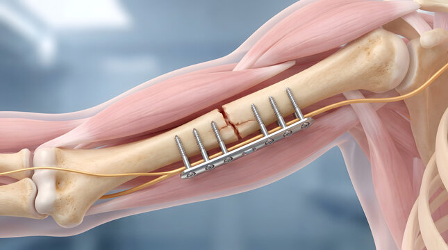 3D bone fracture with metal plate screw fixation surgical implant arm anatomy
