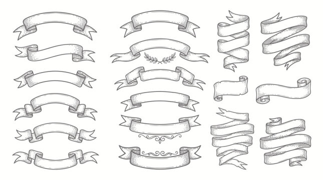 Collection of hand drawn vintage ribbon banners and decorative sketch scrolls on white background, symbolizing premium brand identity, illustrating elegant graphic design elements for cards