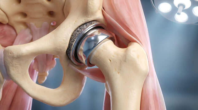 3D hip joint replacement prosthesis with metal ball socket inside pelvic bone anatomy