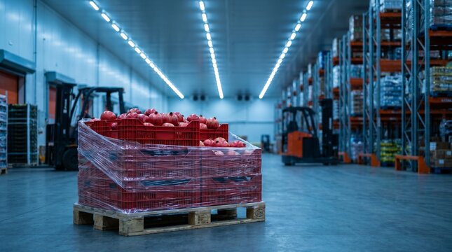 Pal&eacute; cargado con cajas de granadas frescas envueltas en film estirable dentro de un moderno centro log&iacute;stico de distribuci&oacute;n de alimentos