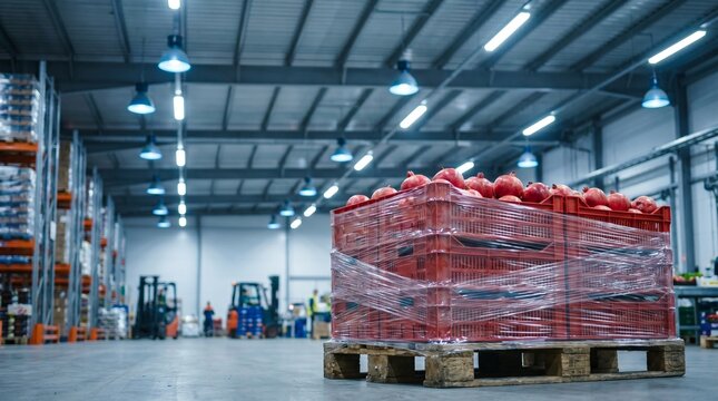  Fresh red pomegranates in plastic crates on a pallet wrapped in stretch film inside a large warehouse. Food distribution and logistics concept