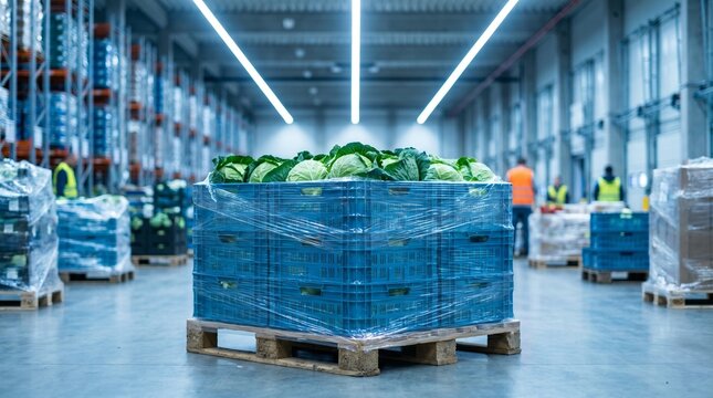 Fresh green cabbages in plastic crates on a pallet wrapped in stretch film inside a large warehouse. Food distribution and logistics concept. AI genereted image