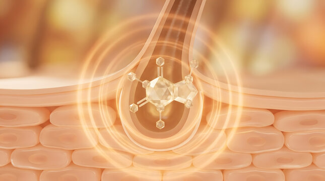 Molecular structure entering hair follicle with glowing radial wave effect