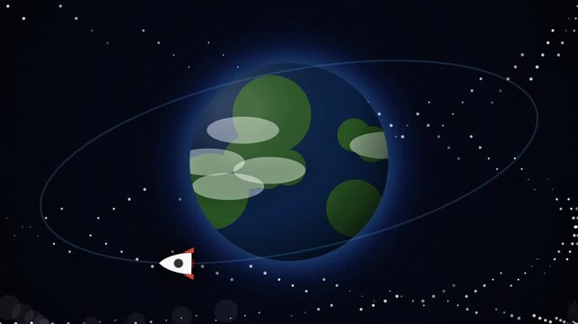 Cartoon rocket orbiting planet Earth in vast starry outer space exploration