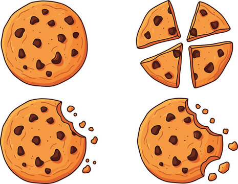 Chocolate chip cookie vector illustration, cartoon dessert artwork showing whole, bitten, broken pieces, sweet snack design collection