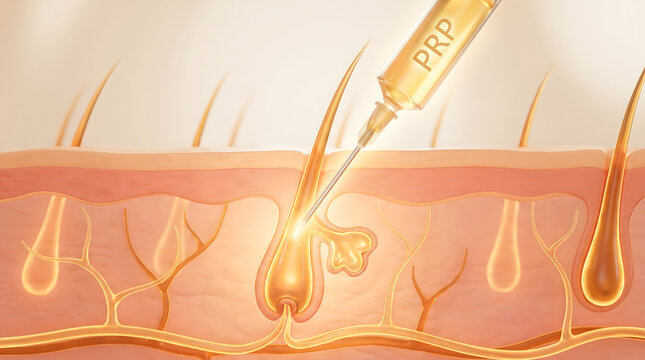 PRP syringe injecting golden platelet serum into hair follicle scalp treatment procedure