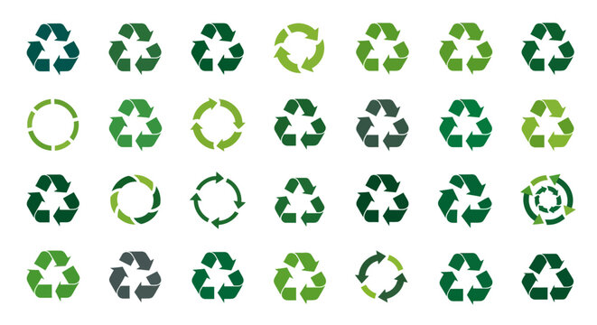 Collection of green recycling symbols and arrow icons for ecology