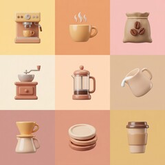 Obraz premium Minimalist 3D coffee shop elements collection with warm pastel background
