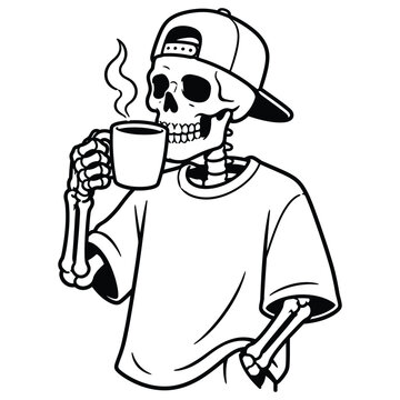 Cool skeleton wearing a baseball cap drinking a hot cup of coffee