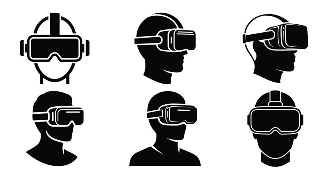 Set of black icons showing people wearing virtual reality headset devices