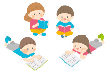 Obraz premium 自由な姿勢で本を読む子供たち
