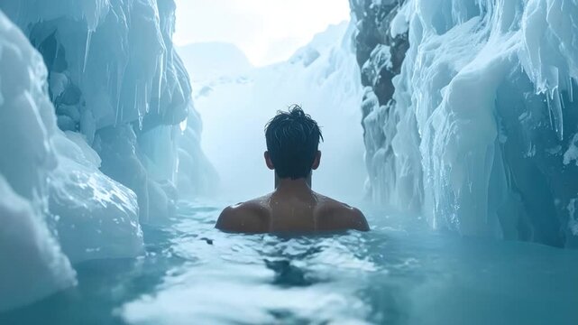 Man swims in cold blue water bordered by tall snow-covered ice formations