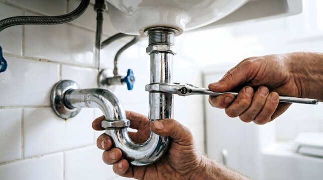 Plumber Tightening Sink Drain Pipe Fitting with Wrench