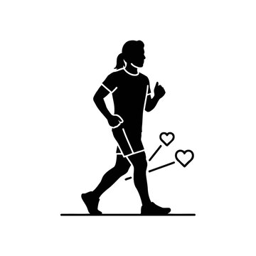 Black silhouette vector illustration of a woman with a ponytail jogging or power walking, featuring two heart icons to represent cardiovascular health and moderate exercise activity.