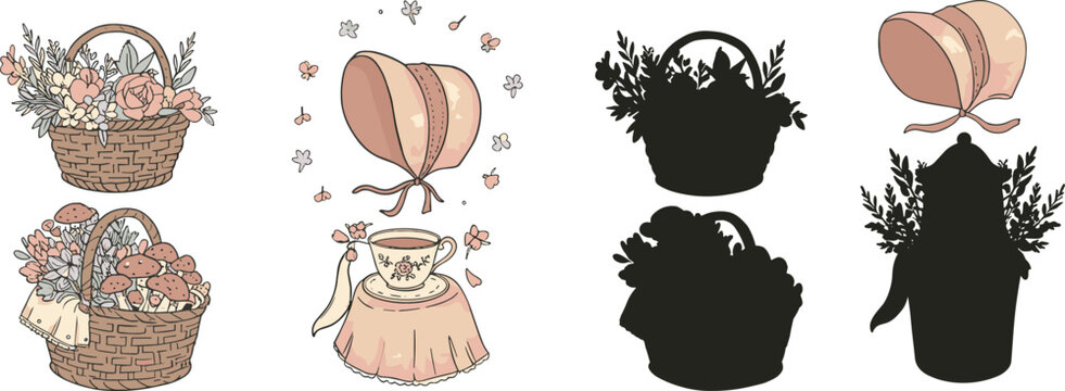Title (exactly 20 words, comma-optimized)

Vintage cottagecore floral illustration and silhouette collection with baskets flowers tea cup bonnet isolated on white background decorative vector set