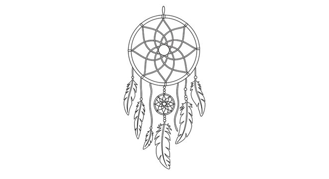 Intricate boho style dreamcatcher illustration with feathers line art isolated on white background