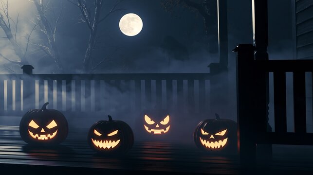 Spooky Halloween night scene with glowing jack-o-lanterns on a dark porch, fog, bare trees