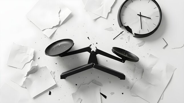 Balance scale lies broken on a white surface surrounded by scattered paper shards as a stark representation of failed justice and lost time.