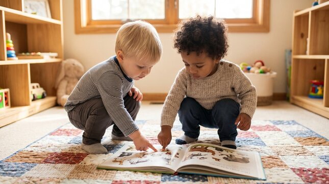 Two Diverse Toddler Boys Sitting on Floor and Reading a Picture Book Together in a Bright Modern Nursery